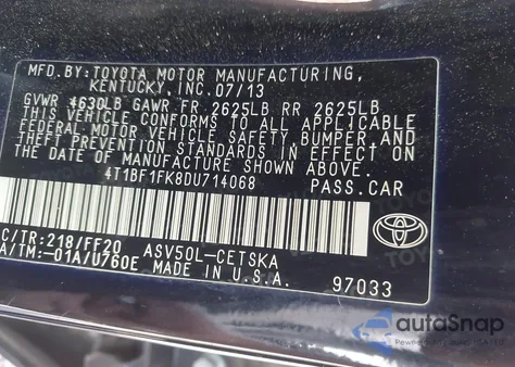 2013 Toyota Camry Se from USA, damaged, VIN 4T1BF1FK8DU714068